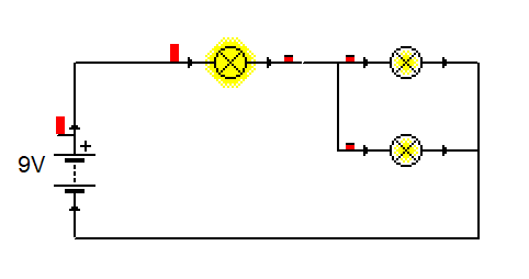 Circuito de dos bombillas en paralelo y una en serie